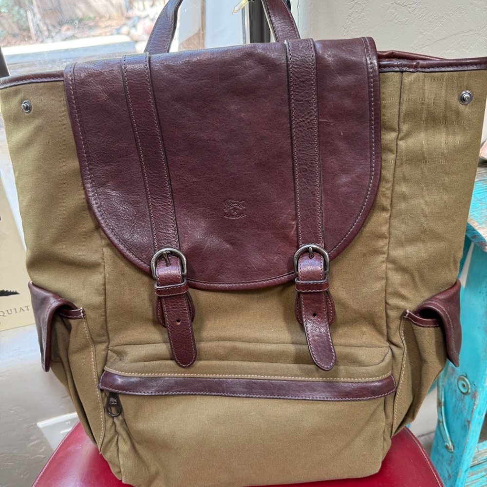 IL Bisonte Brown Leather and Olive Canvas Men's Backpack